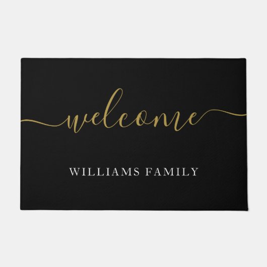 Moderne welkome zwarte Gold Script Familienaam Deurmat (Voorkant)