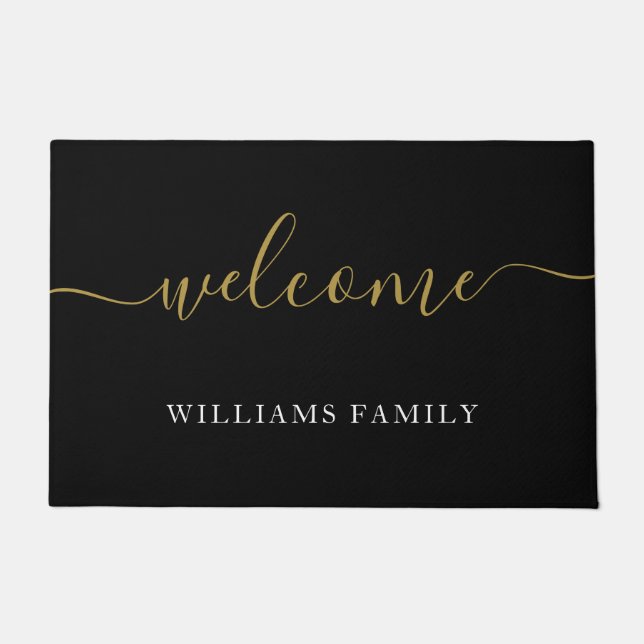 Moderne welkome zwarte Gold Script Familienaam Deurmat (Voorkant)