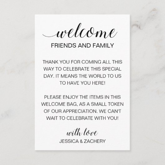 Moderne welkomstgeschenk mand tas dank u bruiloft informatiekaartje (Voorkant)