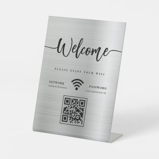 Moderne Welkomstscript WIFI QR-code Zilver Metaal Reclamebord Met Voetstuk (Voorkant)