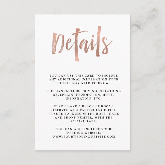 Moderne wens | Faux Roos Gold Wedding Gast Detail Informatiekaartje (Voorkant)