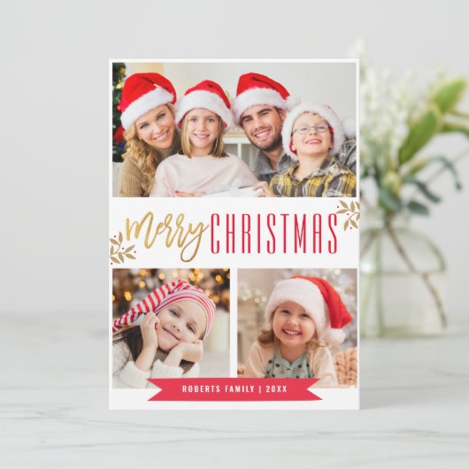 Moderne wenskaart voor kerstmis, rood en goud feestdagenkaart (Staand voorkant)