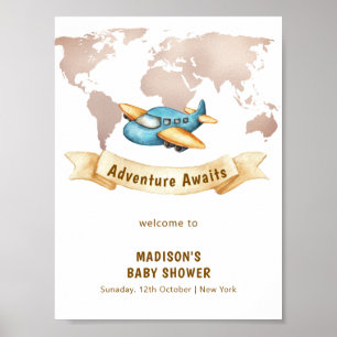 Moderne Wereldkaart Vliegtuig Jongen Baby Shower W Poster