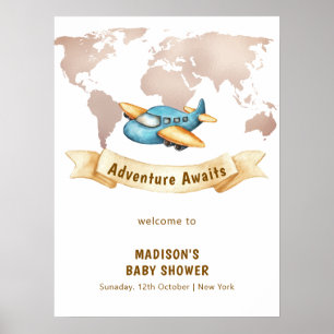 Moderne Wereldkaart Vliegtuig Jongen Baby Shower W Poster