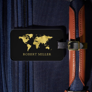Moderne Wereldkaart voor zwart en goud op maat Bagagelabel