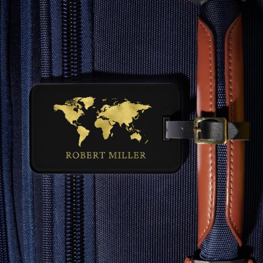 Moderne Wereldkaart voor zwart en goud op maat Bagagelabel (Voorkant Insitu 4)