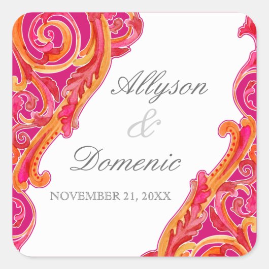 Moderne werveling Bloeiend Hart Tangerine Heet Roz Vierkante Sticker (Voorkant)