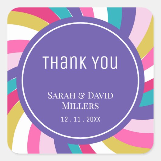Moderne werveling regenboog levendige bruiloft vierkante sticker (Voorkant)
