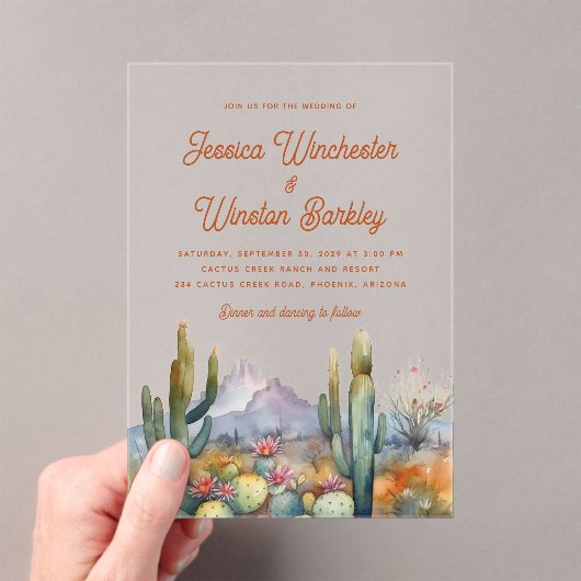 Moderne Westerne Terracotta Desert Cactus Landscha Acryl Uitnodigingen (Insitu (Draagbaar))