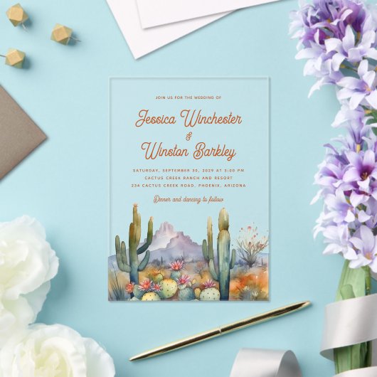 Moderne Westerne Terracotta Desert Cactus Landscha Acryl Uitnodigingen (Insitu (Huwelijk))