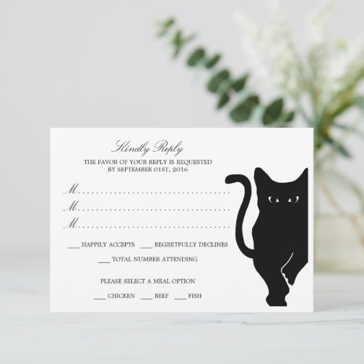 Moderne Whimsical Black Cat bruiloft RSVP (Staand voorkant)
