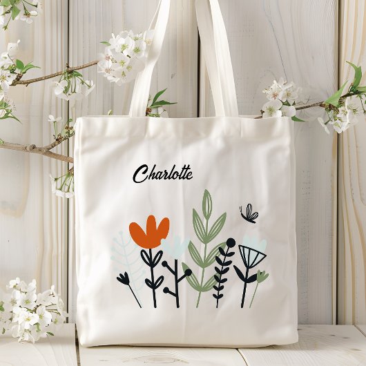 Moderne Whimsical Bloemige Gepersonaliseerde Naam Tote Bag