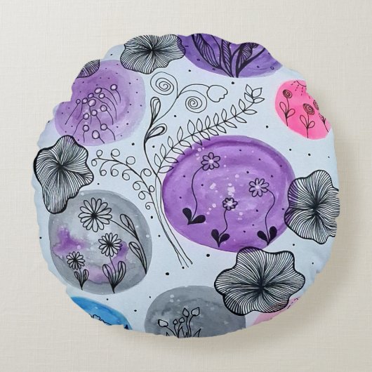 Moderne Whimsical Botanische Ronde Kussenhoes Rond Kussen (Voorkant)