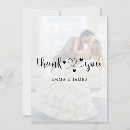 Moderne Whimsical Calligraphy Overlay Photo Weddin Bedankkaart (Achterkant)