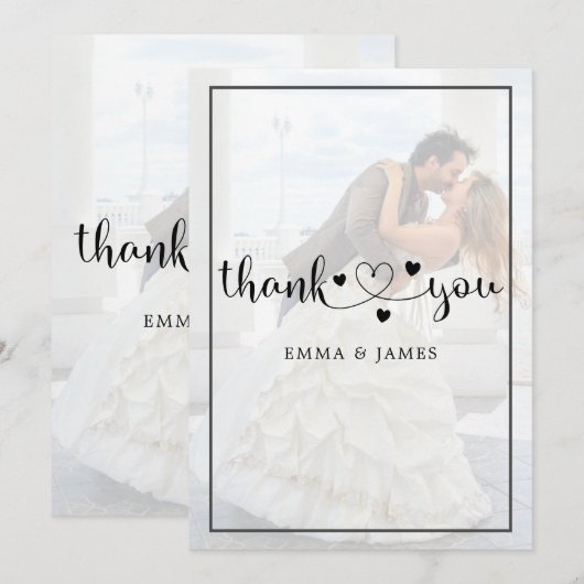 Moderne Whimsical Calligraphy Overlay Photo Weddin Bedankkaart (Voorkant / Achterkant)