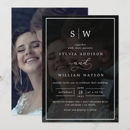 Moderne Whimsical Calligraphy Overlay Photo Weddin Kaart (Voorkant / Achterkant)