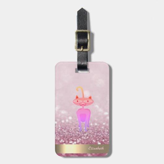 Moderne Whimsical Cat Glitter Bokeh - Persoonlijk Bagagelabel (Voorkant verticaal)