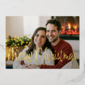 Moderne Whimsical Geborstelde Script Foto Kerstmis Folie Feestdagenkaart (Voorkant)