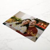 Moderne Whimsical Geborstelde Script Foto Kerstmis Folie Feestdagenkaart (Gedraaid)