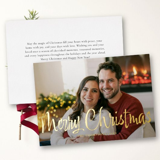 Moderne Whimsical Geborstelde Script Foto Kerstmis Folie Feestdagenkaart