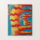 Moderne Whimsical Kleurrijke Gebogen Kat en Kitten Legpuzzel (Verticaal)