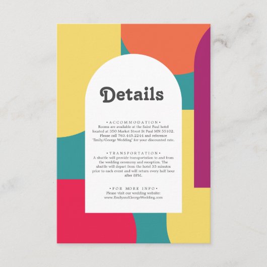 Moderne Whimsical Kleurrijke Groovy Trouwdetails Informatiekaartje (Voorkant)