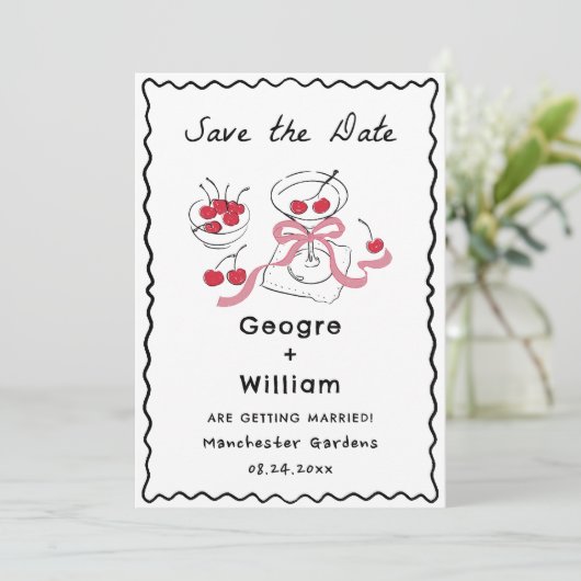 Moderne & Whimsical Martini Glas Olijf en Kers Kaart (Staand voorkant)