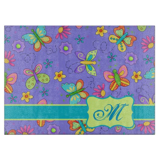 Moderne Whimsy Butterflies op Paars Monogram Snijplank (Voorkant)