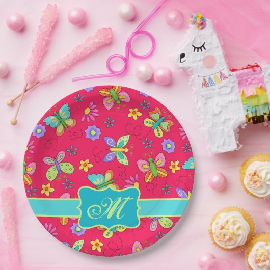 Moderne Whimsy Butterflies op Red Monogram Papieren Bordje (Feest)