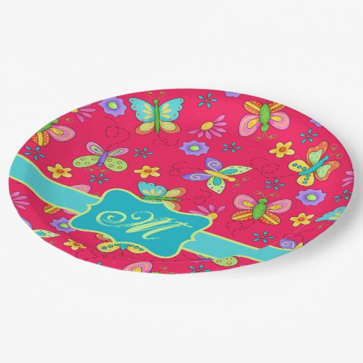 Moderne Whimsy Butterflies op Red Monogram Papieren Bordje (Gekanteld)