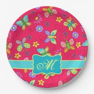 Moderne Whimsy Butterflies op Red Monogram Papieren Bordje