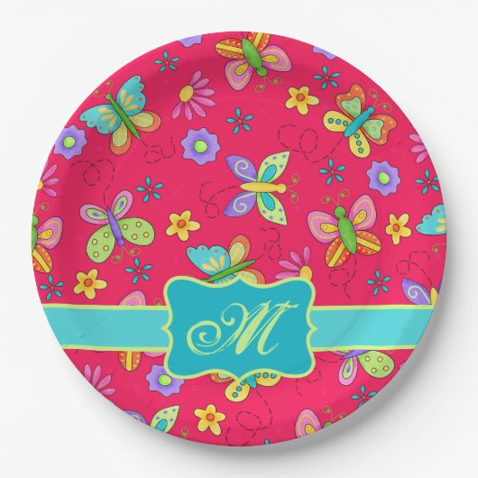 Moderne Whimsy Butterflies op Red Monogram Papieren Bordje (Voorkant)