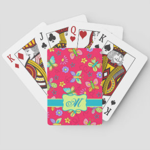 Moderne Whimsy Butterflies op Red Monogram Persona Pokerkaarten