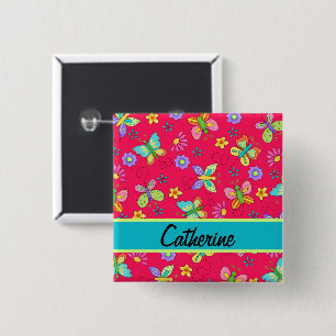 Moderne Whimsy Butterflies op Red Monogram Persona Vierkante Button 5,1 Cm