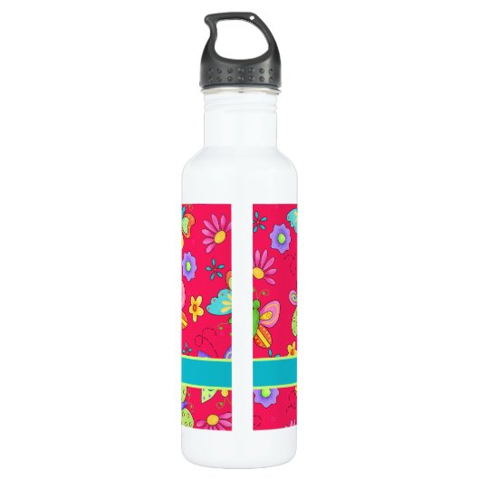 Moderne Whimsy Butterflies op Red Monogram Persona Waterfles (Achterkant)