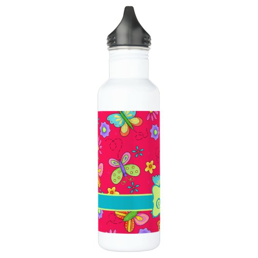Moderne Whimsy Butterflies op Red Monogram Persona Waterfles (Links)