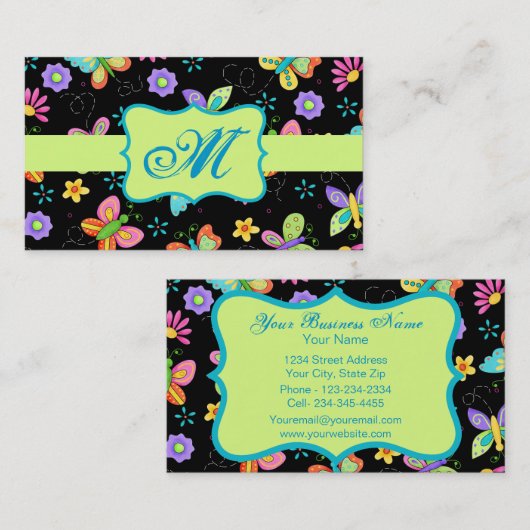 Moderne Whimsy Butterflies op zwart Monogram Visitekaartje (Voorkant / Achterkant)