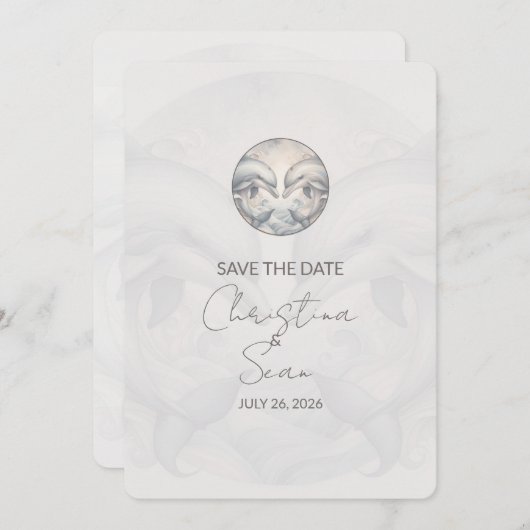 Moderne Whimsy Dolphins Wedding Save The Date Kaar (Voorkant / Achterkant)
