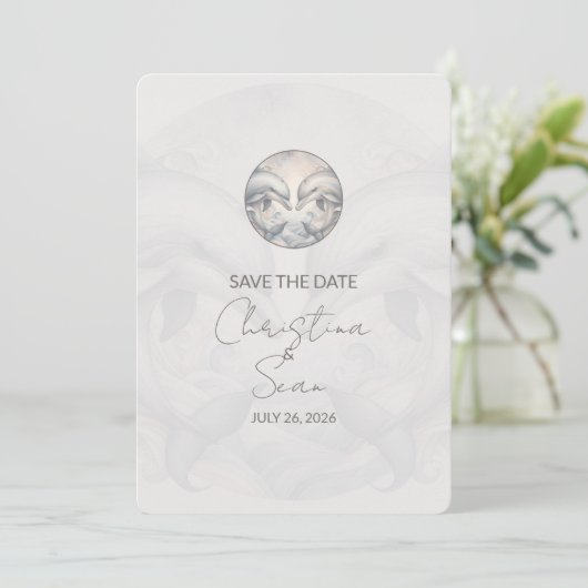 Moderne Whimsy Dolphins Wedding Save The Date Kaar (Staand voorkant)