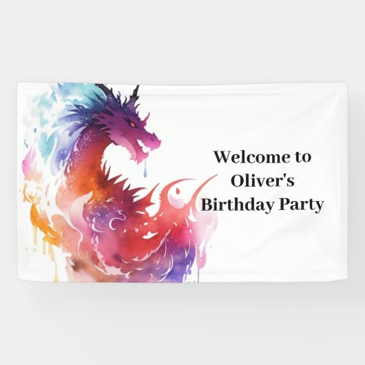 Moderne Whimsy Dragon Verjaardagsbanner Spandoek (Horizontaal)