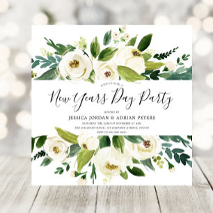 Moderne White Florals Green New Years Day Kaart