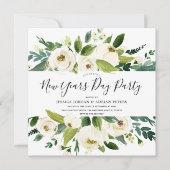 Moderne White Florals Green New Years Day Kaart (Voorkant)