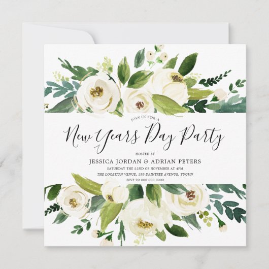 Moderne White Florals Green New Years Day Kaart (Voorkant)
