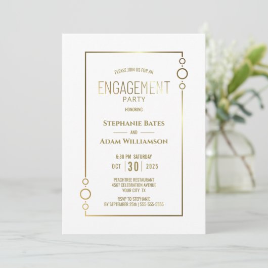 Moderne White met Gold Lijst Engagement Party Kaart (Staand voorkant)