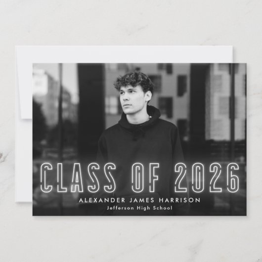 Moderne White Neon Class of 2023 Photo Afstuderen Aankondiging (Voorkant)