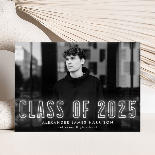 Moderne White Neon Class of 2023 Photo Afstuderen Aankondiging