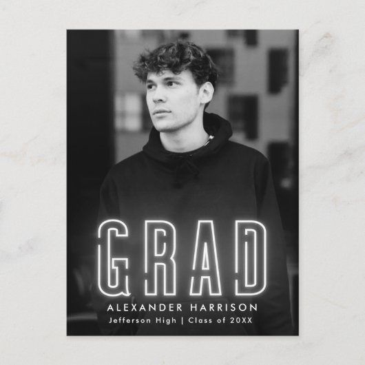 Moderne White Neon Photo Graduation Party Uitnodiging Briefkaart (Voorkant)