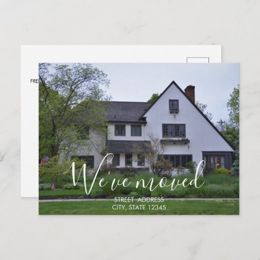 Moderne White Script New House Warming Photo Aankondigingskaart (Voorkant / Achterkant)