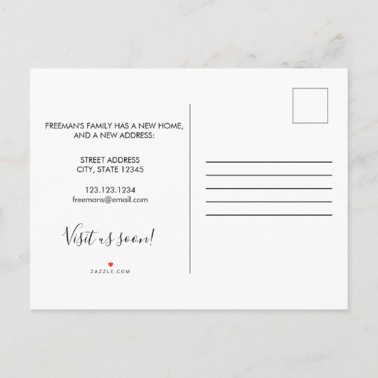 Moderne White Script New House Warming Photo Aankondigingskaart (Achterkant)