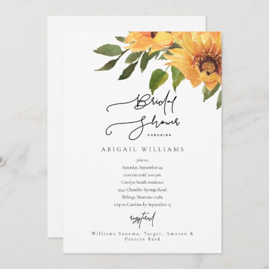 Moderne White Sunflower Bridal Shower Invitation Kaart (Voorkant / Achterkant)